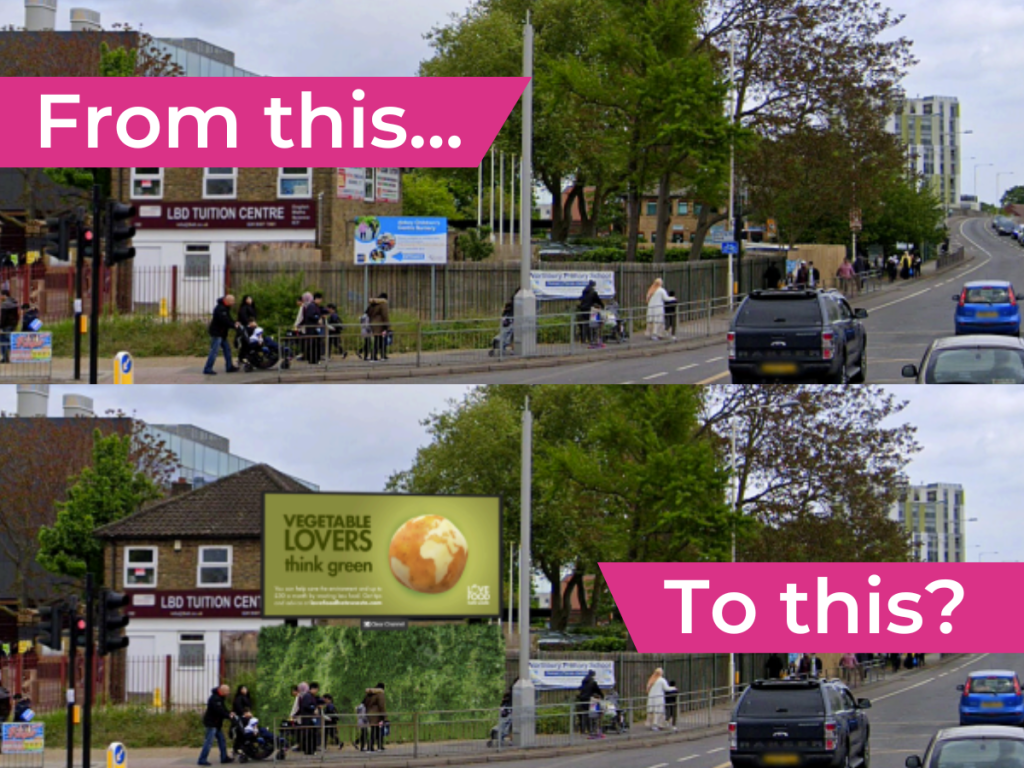 A before and after image of a street with no billboard and a street with a billboard