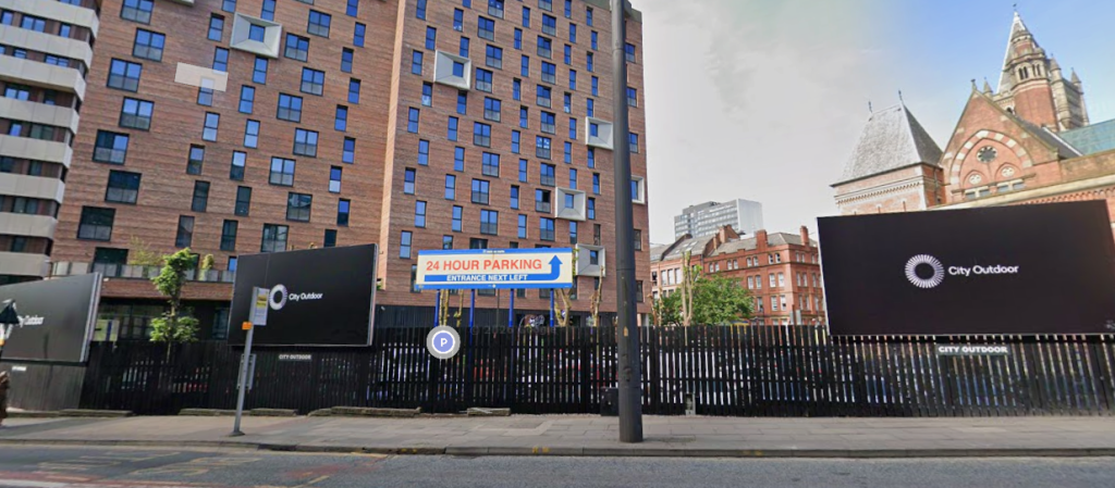 A screenshot of Google Maps showing three digital billboards