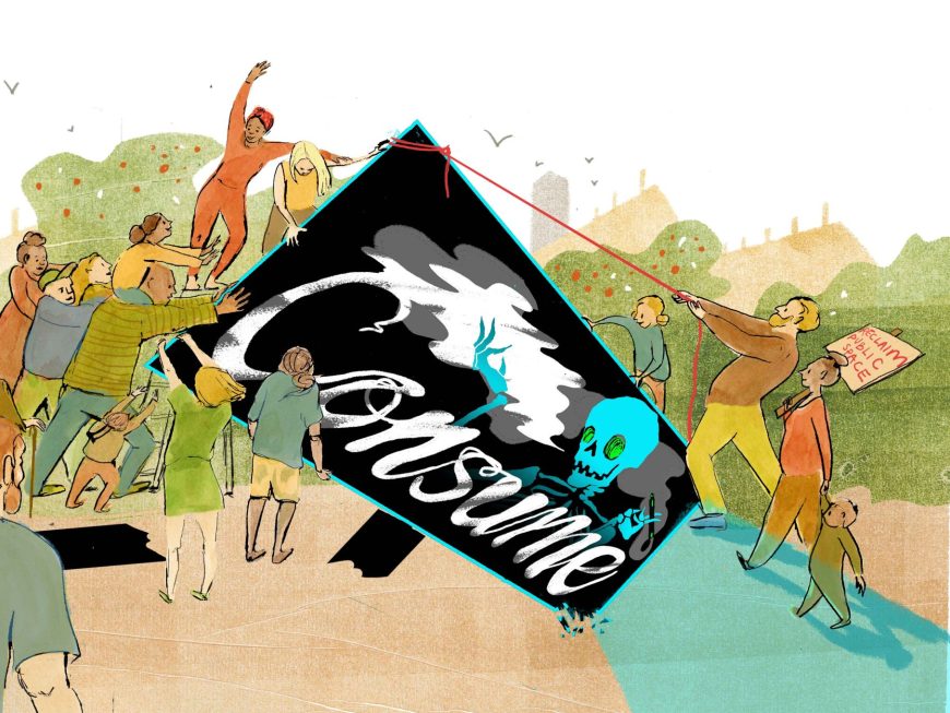 Graphic shows a team of people pulling down a billboard which has the word "consume" under an image of a skeleton.